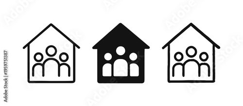Family home icon set. House with people symbol representing household or community.