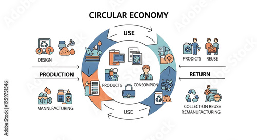 A vector graphic illustrating the circular economy concept with a flowchart and icons