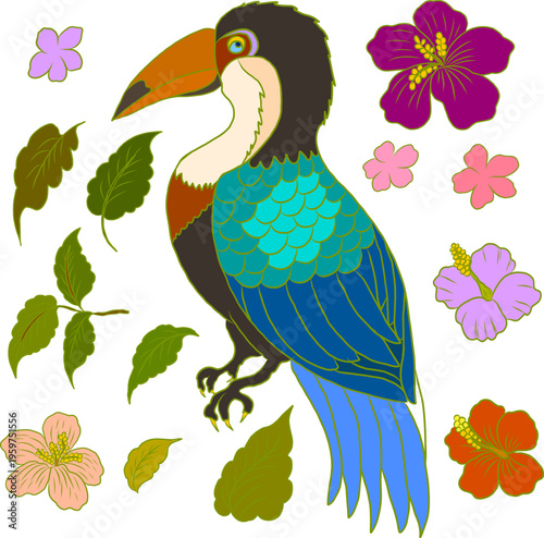 A vibrant and playful illustration of a toucan bird surrounded by tropical flowers and lush green leaves. The artwork features a stylized toucan with a large, eye catching beak and beautifully layered