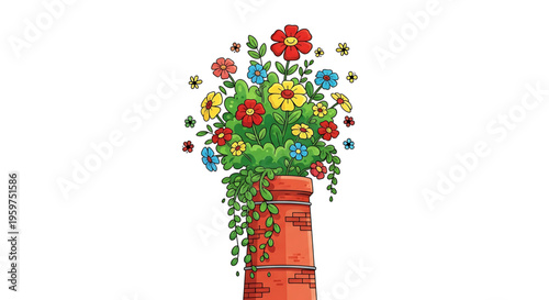 A colorful illustration of a brick chimney with a vibrant bouquet of flowers growing out of it
