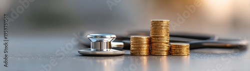 A stethoscope lies next to stacks of gold coins on a reflective surface, symbolizing healthcare costs and medical finance, Medicines shortage during US and Iran war