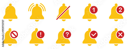 Collection of bell notification icons in outline and filled styles with badges and alerts. Alarm symbol. Reminder icon of ringing bells, sign for incoming inbox messages.