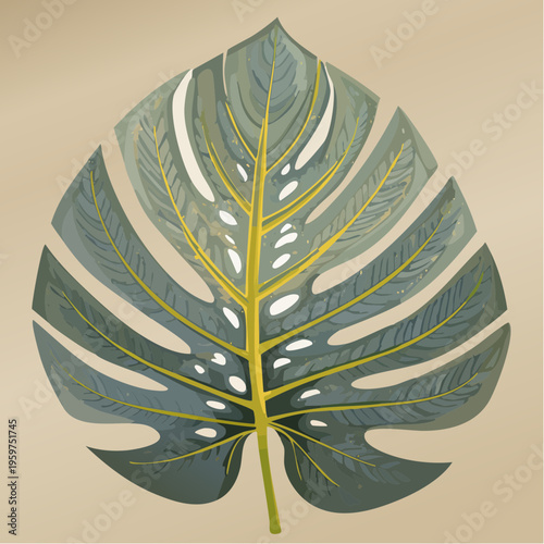 Elegant Monstera Deliciosa Leaf Vector Illustration, Tropical Swiss Cheese Plant Foliage with Golden Veins, Modern Botanical Graphic Design on Neutral Background