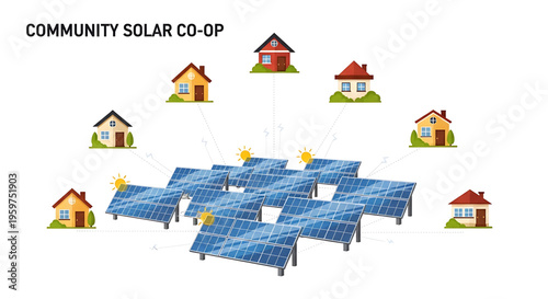 A vector graphic illustrating a community solar co-op with houses and solar panels