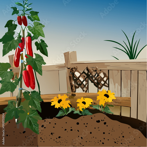 Homegrown Backyard Vegetable Patch with Climbing Beans and Sunflowers Vector Illustration