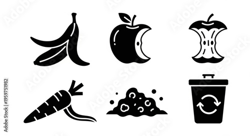Organic Waste and Composting Solid Icon Set