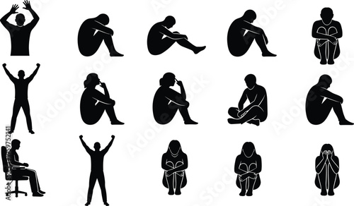 Depressed people silhouette set, sad man and woman sitting anxiety stress poses isolated vector illustration collection