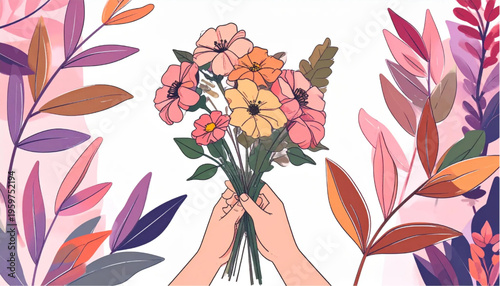 Hands Holding Colorful Flower Bouquet.