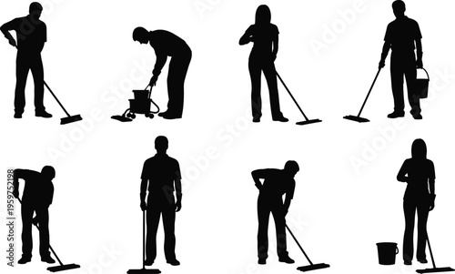 Cleaning staff silhouette set, janitor workers mopping floor with bucket and equipment isolated vector illustration collection