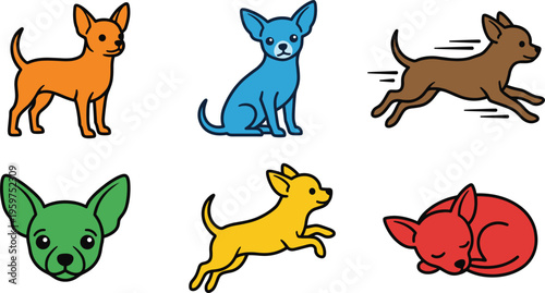 Set of cute dog illustrations including chihuahua puppy poses sitting running sleeping and playful cartoon pets isolated vector for animal design
