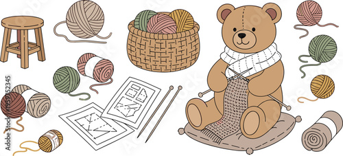 Cute teddy bear knitting with yarn balls and needles flat vector illustration cozy handmade craft hobby concept with wool basket and patterns