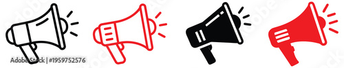 Set of four megaphone icons in different styles and colors, including outline, solid black, red, isolated on white background. megaphone vector