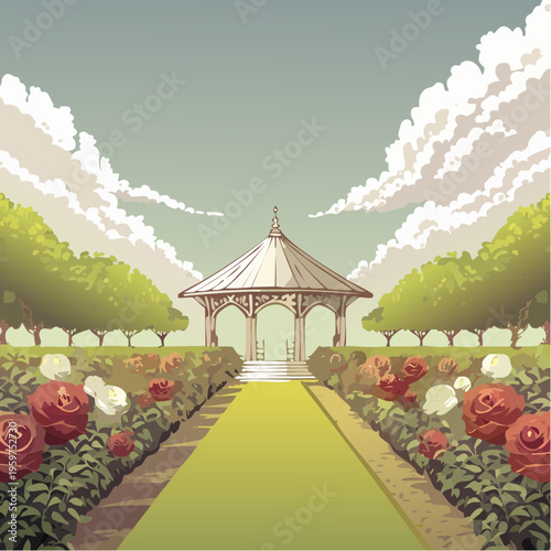 Sophisticated Vector Illustration of a Formal Rose Garden Featuring a Classical White Gazebo and Perfectly Pruned Bushes