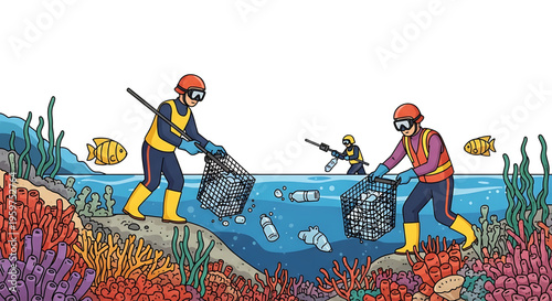 Divers collecting ocean plastic pollution in a vibrant underwater scene with coral reef