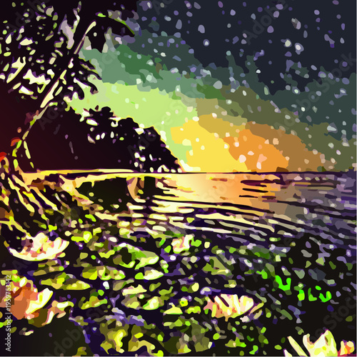 Magical Tropical Night Landscape Vector Illustration with Glowing Water Lilies and Mangroves