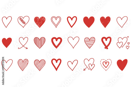 A collection of various hand-drawn red heart icons, perfect for expressing love, romance, and affection in digital and print designs, conveying warmth and care