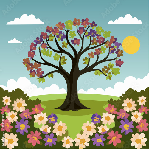 Vibrant Vector Illustration of a Spring Woodland Clearing with a Flowering Tree and Wildflowers