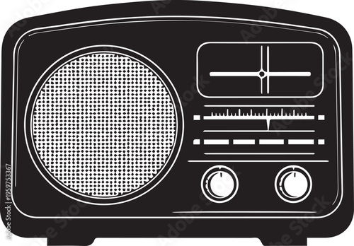 Vintage radio, retro radio, black and white illustration, old-fashioned radio, vector radio icon