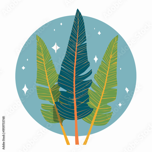 Minimalist Vector Illustration of Stylized Tropical Leaves and Foliage with Sparkles on Blue Background