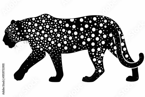 A striking black and white illustration of a leopard in profile