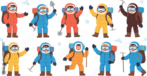 Group of mountaineers and hikers in winter gear flat vector illustration climbers with backpacks ice axes and warm clothing adventure expedition set