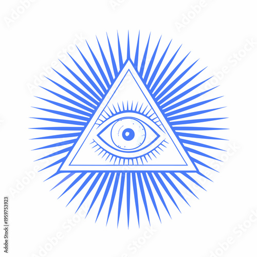 Blue eye of providence within a radiant triangular symbol