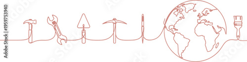Red line drawing of various tools and a globe on a light blue background