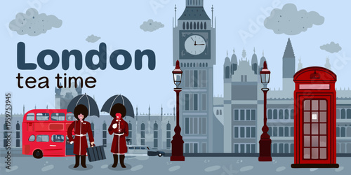 London illustration featuring big ben guards and traditional red phone booth