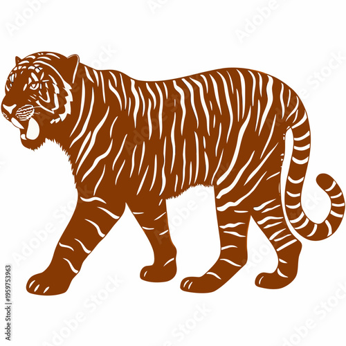 A stylized illustration of a tiger walking towards the viewer