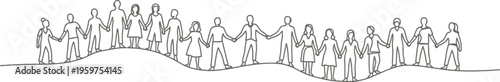 Group of people standing together holding hands in a line formation