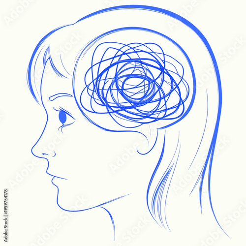 A woman s profile with a tangled scribbled brain illustration inside her head