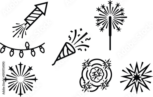 Set of hand drawn fireworks icons including rocket sparkler confetti popper starburst celebration elements for festive holiday party decoration vector illustration