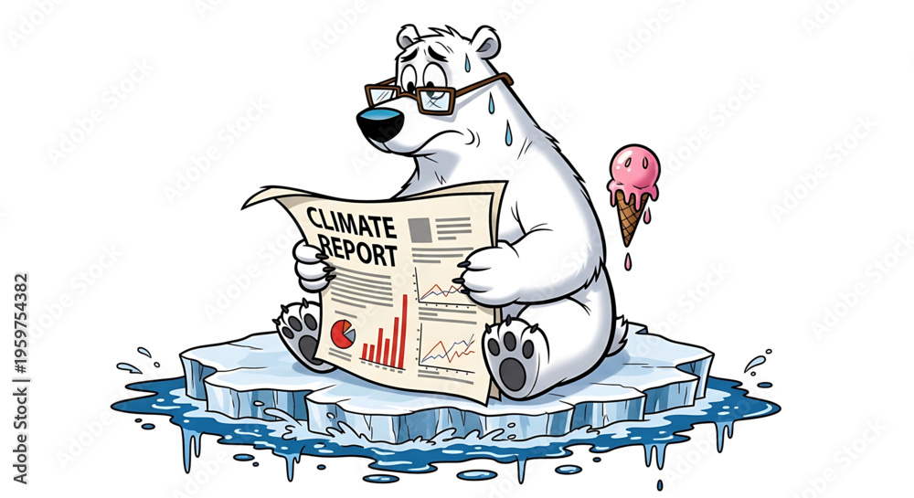 Fototapeta premium A polar bear wearing glasses sits on a melting ice block reading a climate report with a concerned expression.