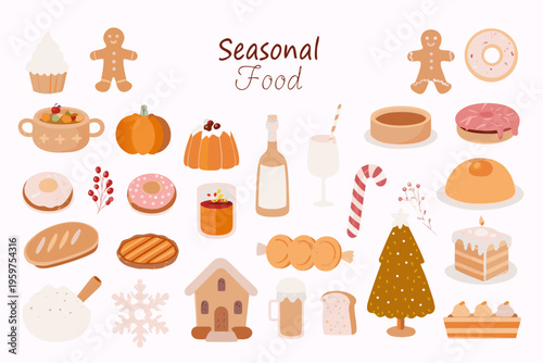 A colorful collection of seasonal foods and winter holiday treats