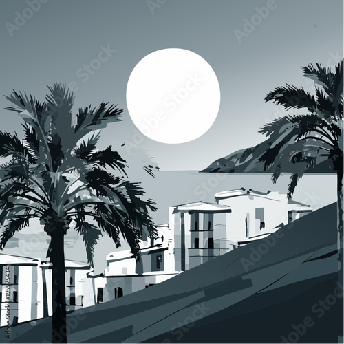 Minimalist Mediterranean Coastal City Illustration, Modern Flat Vector Design of Seaside Architecture and Palm Trees under a Large Full Moon