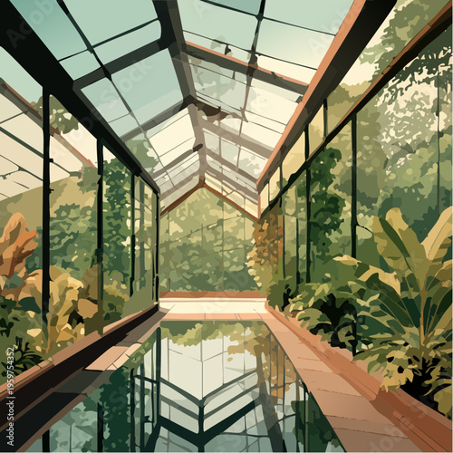 Lush Modern Greenhouse Interior with Tropical Houseplants and Glass Roof Vector Illustration