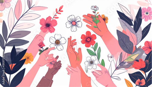 Diverse hands holding colorful flowers.