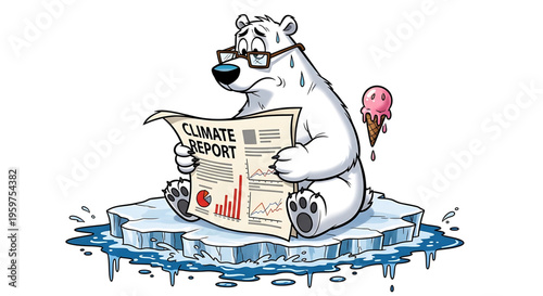 A polar bear wearing glasses sits on a melting ice block reading a climate report with a concerned expression.