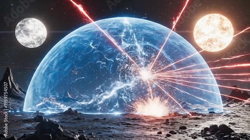 Futuristic space scene with a large blue planet under attack from laser beams in a distant galaxy with two suns