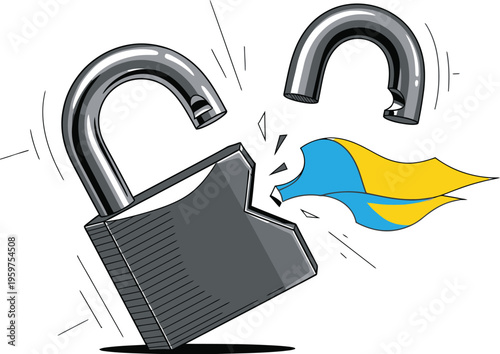 Ukraine flag breaking free from a padlock security barrier symbol