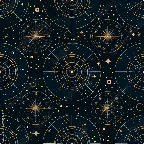 Intricate celestial map pattern with golden compass roses and starry night sky