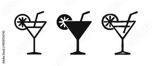 Cocktail Drink Glass Icon Set - Summer Beverage, Party, and Bar Refreshment Vector