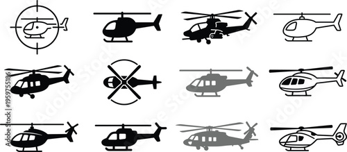 Set of helicopter icons including military rescue transport and surveillance choppers with different rotor styles isolated vector illustration for aviation design