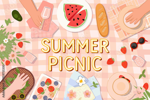 A colorful summer picnic scene with food drinks and accessories