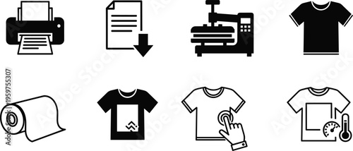Vector Icon Set Illustrating T-Shirt Printing Process Including Heat Press Machine Inkjet Printer Film Roll Apparel Design and Transfer Application Steps
