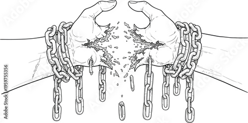 Hands breaking free from heavy metal chains in a powerful gesture
