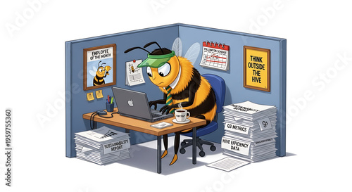 A busy bee wearing glasses and working on a laptop in a modern office cubicle with motivational posters on the wall.