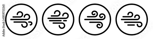 Wind icon in circular frame. Airflow symbol in black and white outline style. Breeze and air movement pictogram for weather and ventilation concept. Vector illustration.