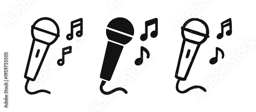 Microphone with Music Notes Icon Set - Karaoke, Singing, and Audio Performance Vector