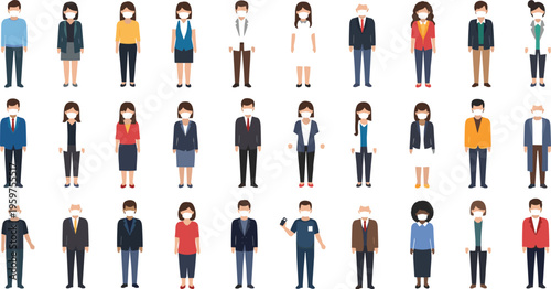 Diverse group of business people avatars wearing face masks flat vector illustration corporate characters collection in different outfits and professions isolated
